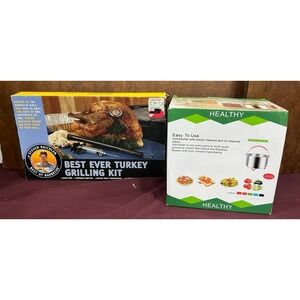 Lot of Steven Raichlen Turkey Grilling Kit & Healthy Stainless Steamer Basket